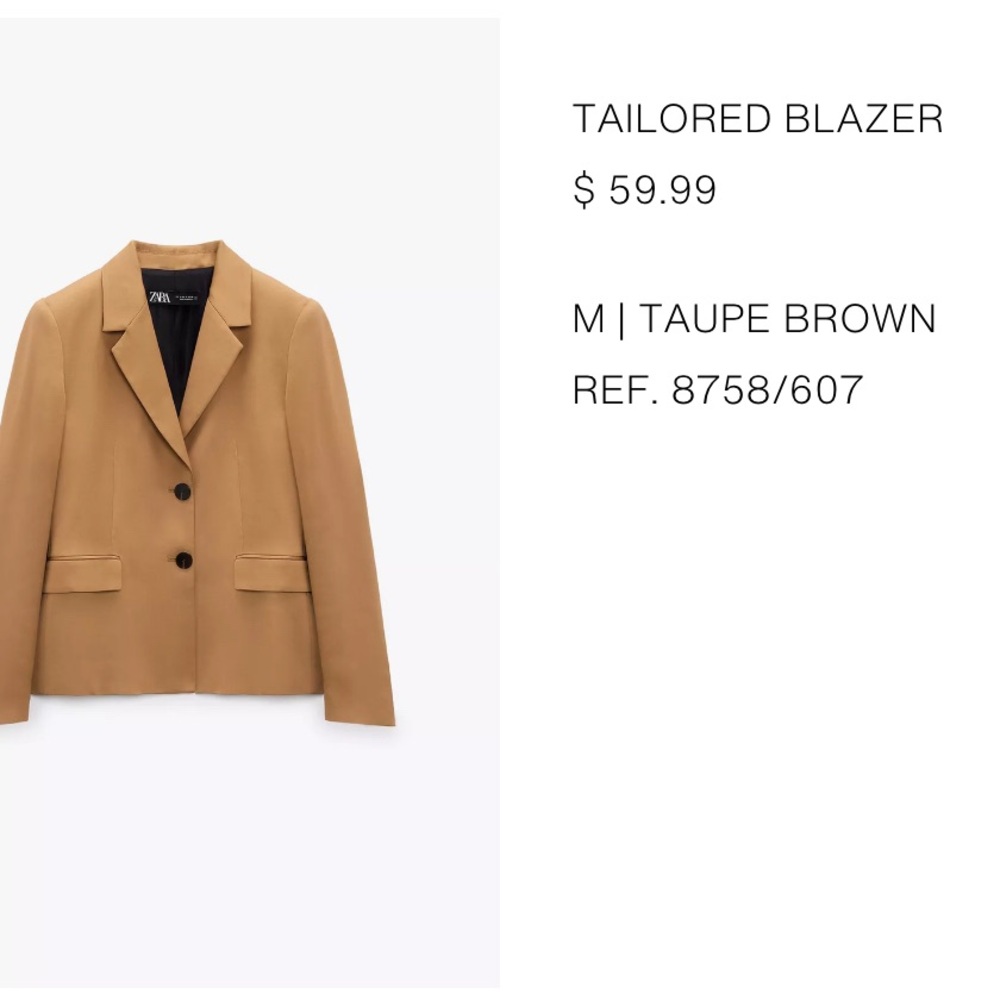 Zara Taupe Camel Brown Tailored Blazer